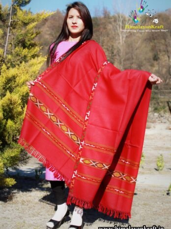 Handwoven Flowered Pure Wool Large Kullu Shawl (Red)