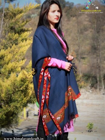 Blue Hand Woven Kullu Design Handloom Pure Wool Shawl