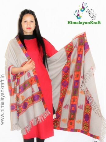 Grey Pure Wool Kullu Handloom Shawl Deep Kinnauri Design